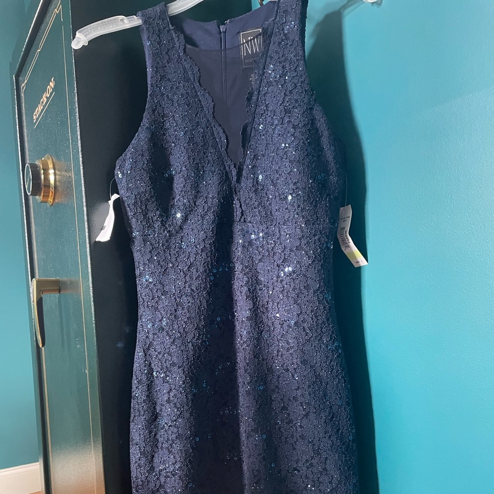 never worn navy midi with sequins & mesh v-neck 🫶🏼